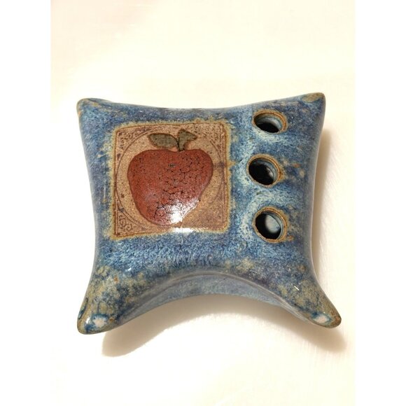 Studio Art Pottery Hand Made Ikebana Ceramic Flower Frog Blue Red Apple Pillow - Picture 1 of 5